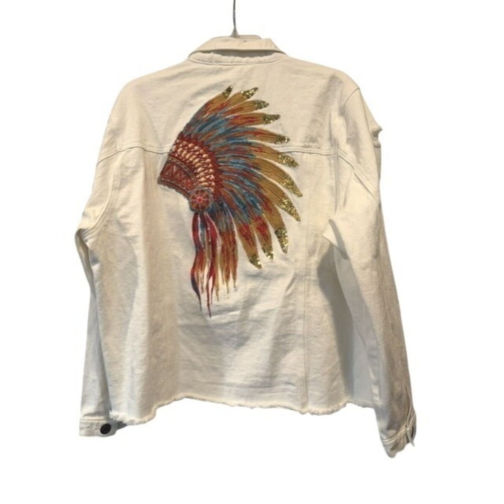 White Denim Jacket 1X Embroidered Sequin Headdress Distressed Western Boho NWT
